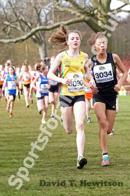 3090 K. Waugh (North East) and L. Mullin (Leicestershire) in the Under-13 Girls race, McCain Inter Counties Cross Country, Cofton Park, Birmingham.